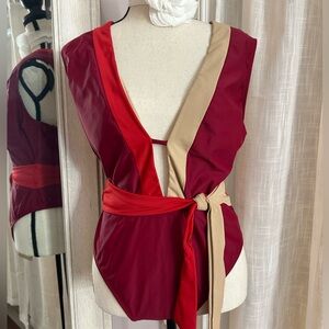 👙 Kenneth Cole color block deep V one piece sexy bow back bathing suit XL Red